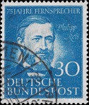 Na modr potovn znmce Nmeck spolkov poty s nominln hodnotou 30 Pf jsou portrt Philipa Reise, dole velk npisy DEUTSCHE BUNDESPOST a 30.
Nahoe je npis 75 JAHRE FERNSPRECHER a u hlavy st znateln npis Philip Reis.