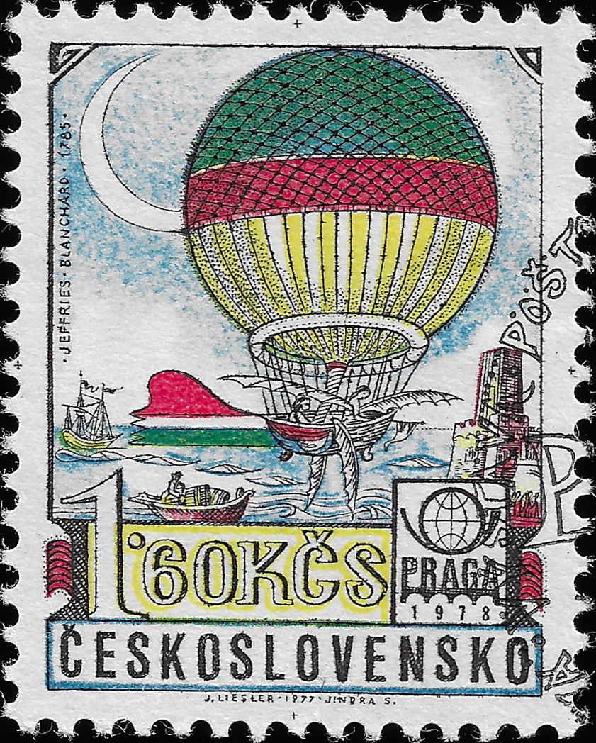 eskoslovensk potovn znmka s nominln hodnotou 1,60 Ks byla vydna k pleitosti svtov filatelistick vstavy Praga 1978.
Na vcebarevn znmce je vidt balon, emblm vstavy, ozdobn prvky a npisy ESKO-SLOVENSKO a 1.60KS. Balon m zelenou horn st,
erven pruh uprosted a svisl lut a bl pruhy dole. Je vidt erven kormidlo a mal dolu visc vesla. Dal dv vesla jsou vodorovn.
Na nhledu je jet vidt na moi plujc lod, v a hradba na pobe a emblm vstavy. Emblm se skld obdlnku, ve kterm je potovn
trumpeta, ve kter je globus. Pod trumpetou je symbol Karlova mostu s oblouky. Na nm je velk npis PRAGA. Pod kadm z oblouk je jedna
slice letopotu 1978. Na znmce je t drobn npis JEFFRIESBLANCHARD1785.