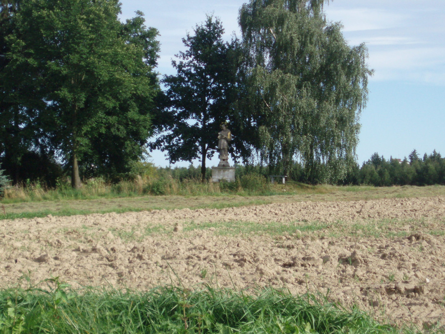 Na fotografii je na vyvenin vedle pole skupinka listnatch strom 
  a z dlky je vidt socha. Socha m kamenn podstavec. To ve je umstno na zdnm
  podstavci. Je vidt i jednoduch devn lavika. Kus dl za tm je les.