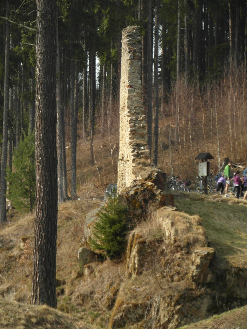 Na fotografii je pohled na strom a ze, 
  ze strany, ze kter je vidt, jak je tenk. Ped zd je balvan, napravo trvnk, cedule, turist
  a kola. V pozad je les.